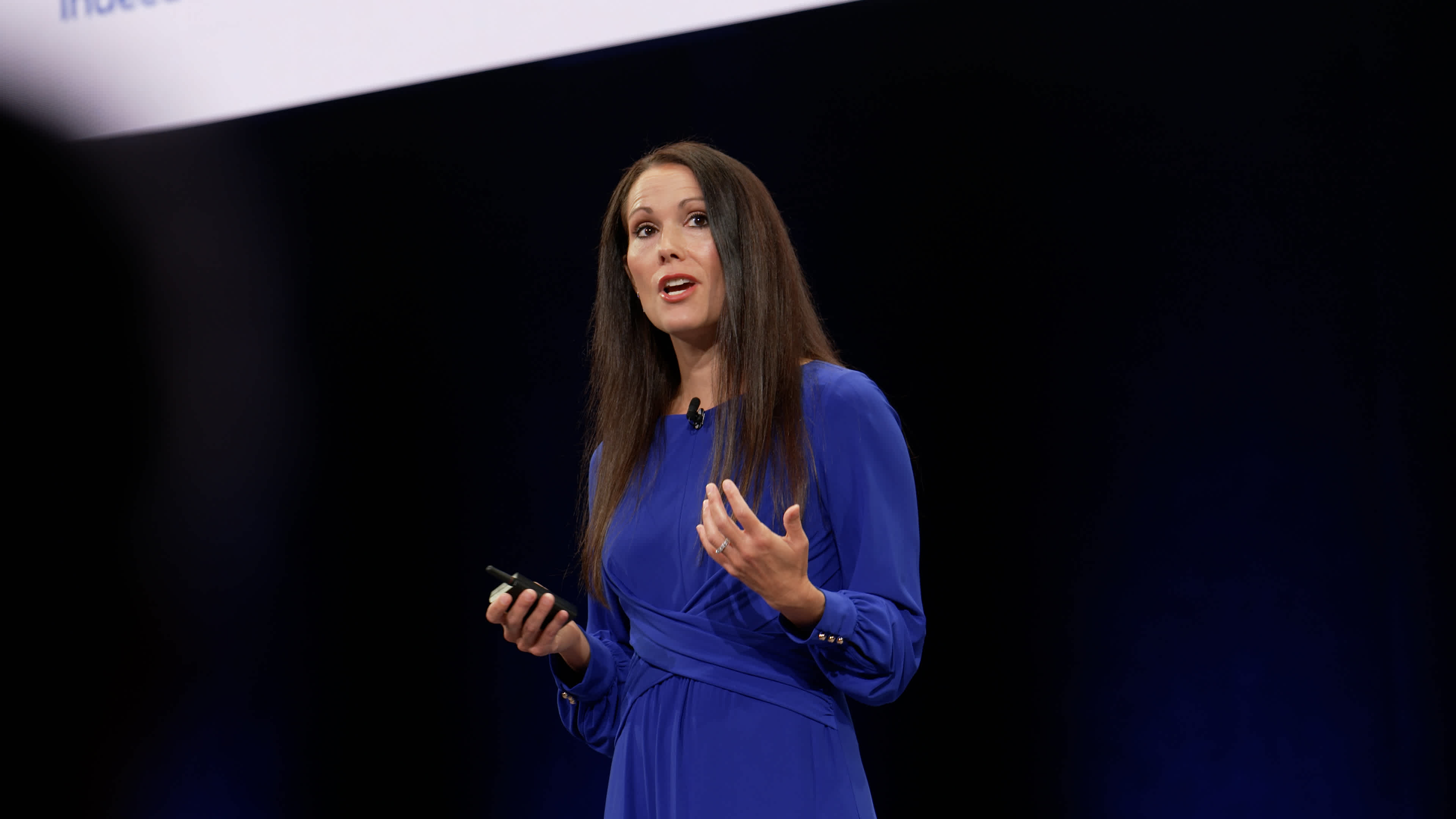 Maggie Hulce, Executive Vice President and General Manager of Enterprise at Indeed giving a speech