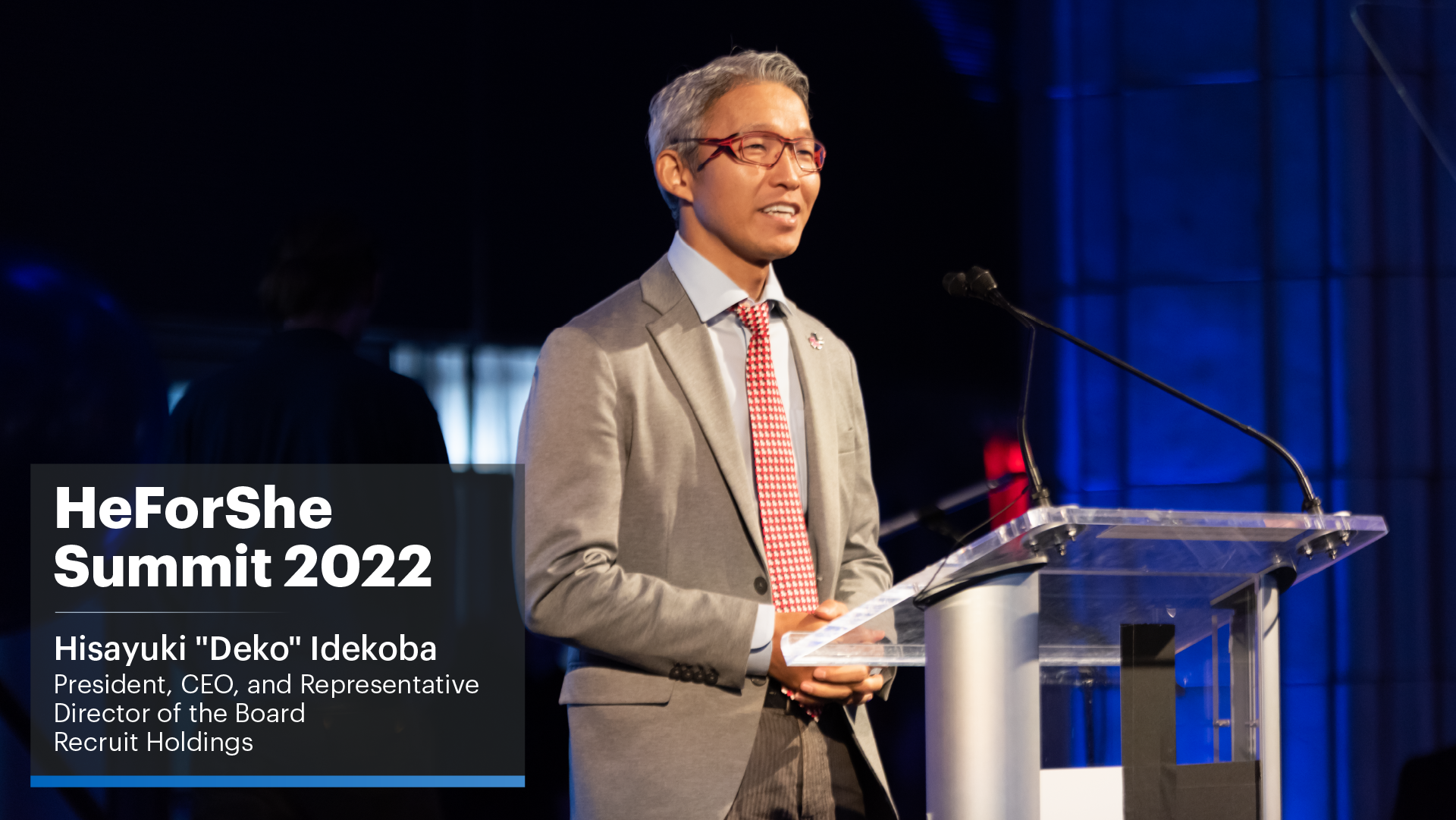 Video thumbnail of Recruit Holidngs CEO Hisayuki “Deko” Idekoba’s speech at the HeForShe Summit 2022. Click to play.